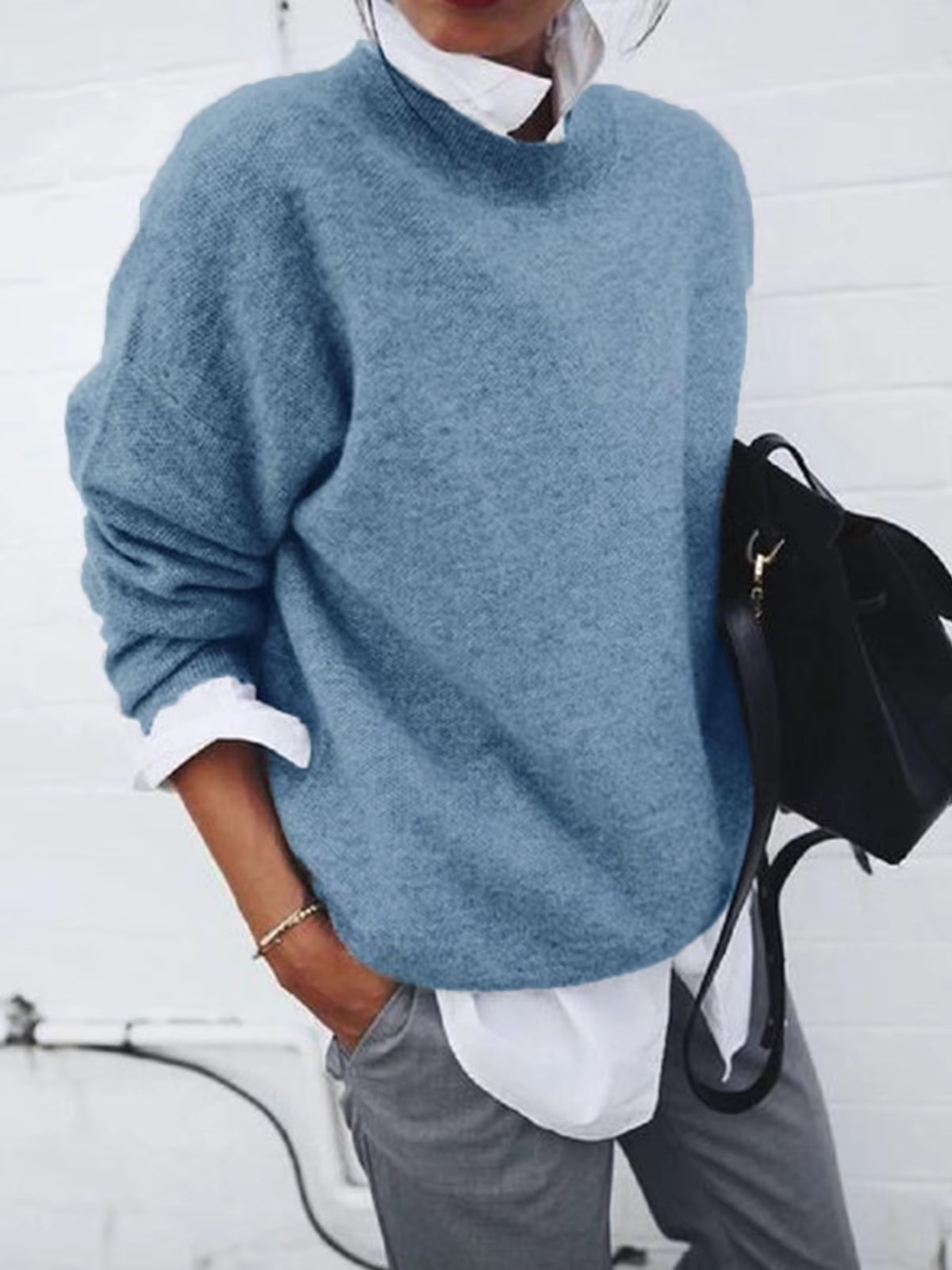Women's knit pullover with shirt collar two-piece layered look, chic soft fabric everyday style