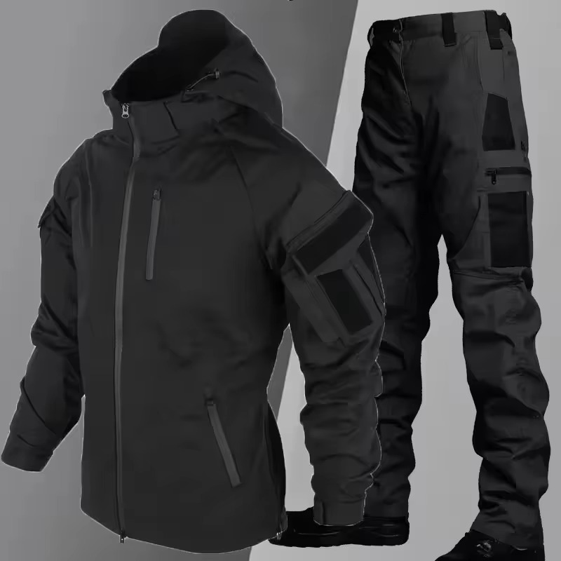 Men's black tactical waterproof combat training suit with multi-pocket rugged outdoor design