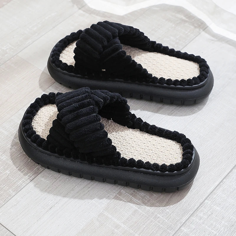 Women's beige linen slip-on slippers with sculpted cross-band silhouette and breathable linen footbed