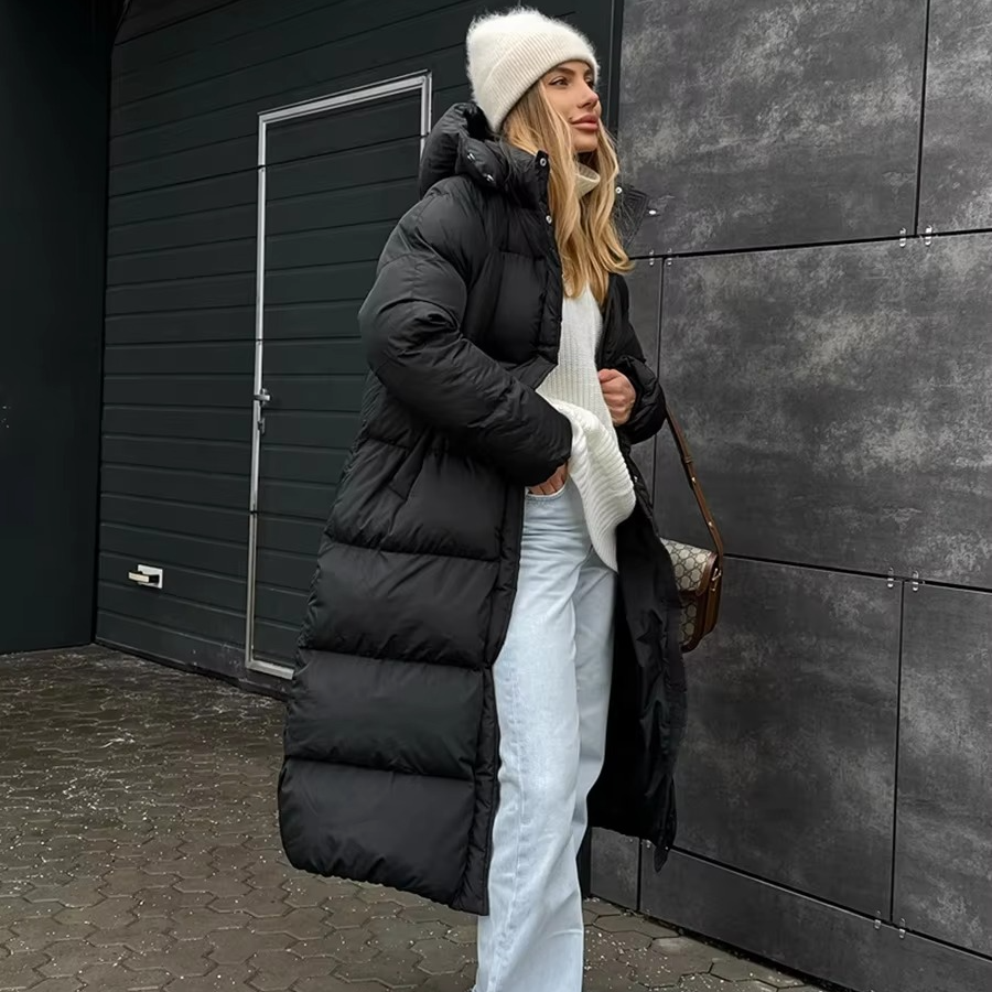 Women's long hooded puffer jacket thick cotton padding full-length black winter overcoat