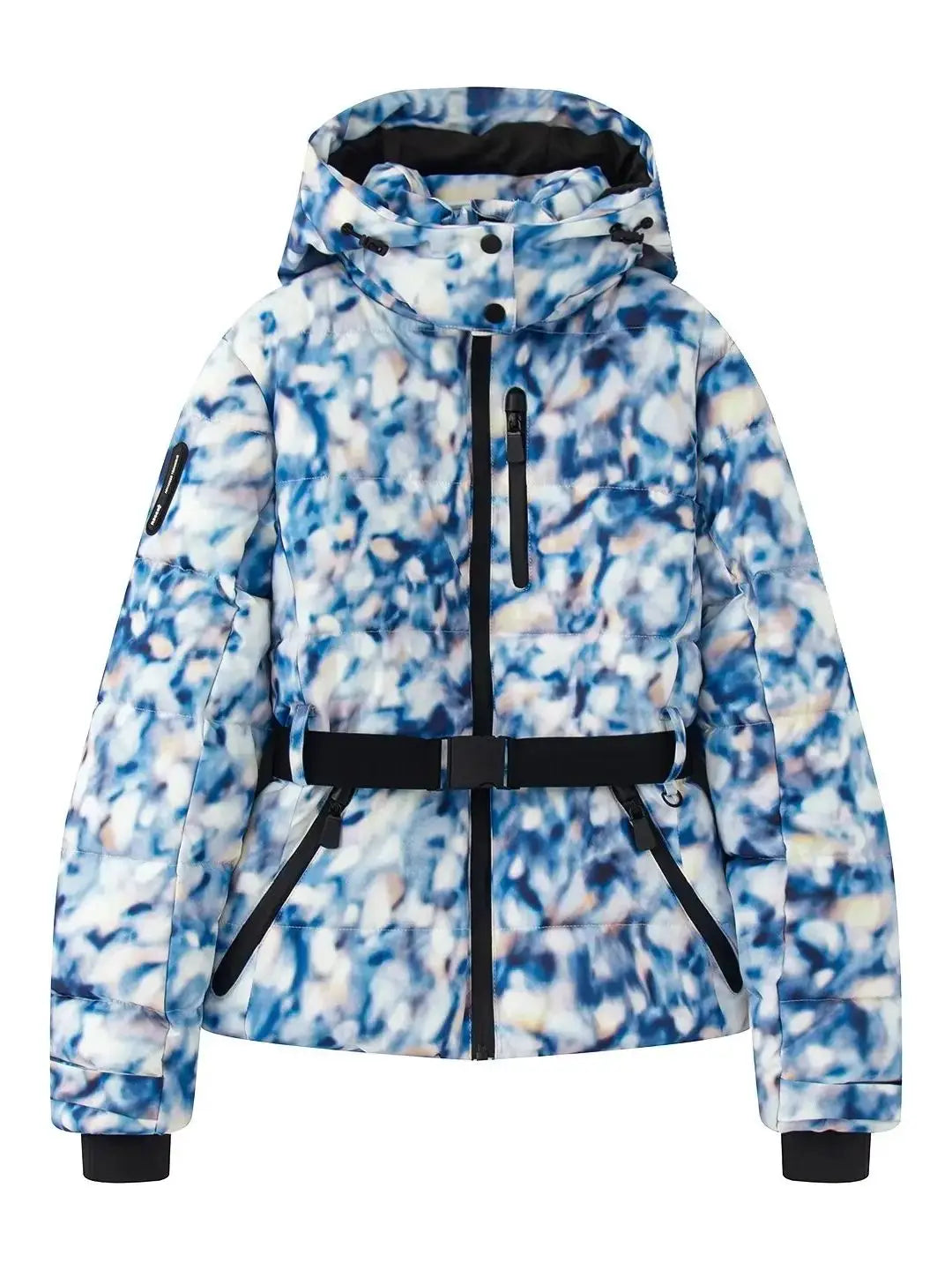 Women's belted puffer jacket metallic silver finish cinched waist cold weather insulated outerwear