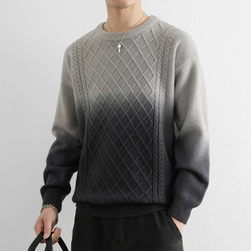 Gradient diamond cable-knit sweater with subtle color fade, cozy modern casual layering style