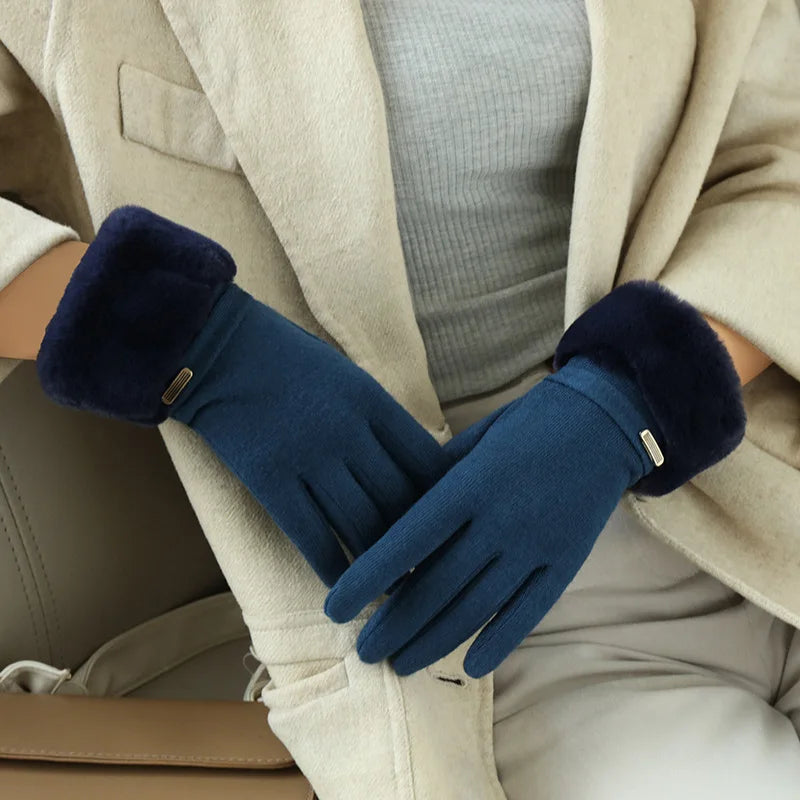 Women's black fitted wrist-length gloves with faux fur cuff and strap detail for winter