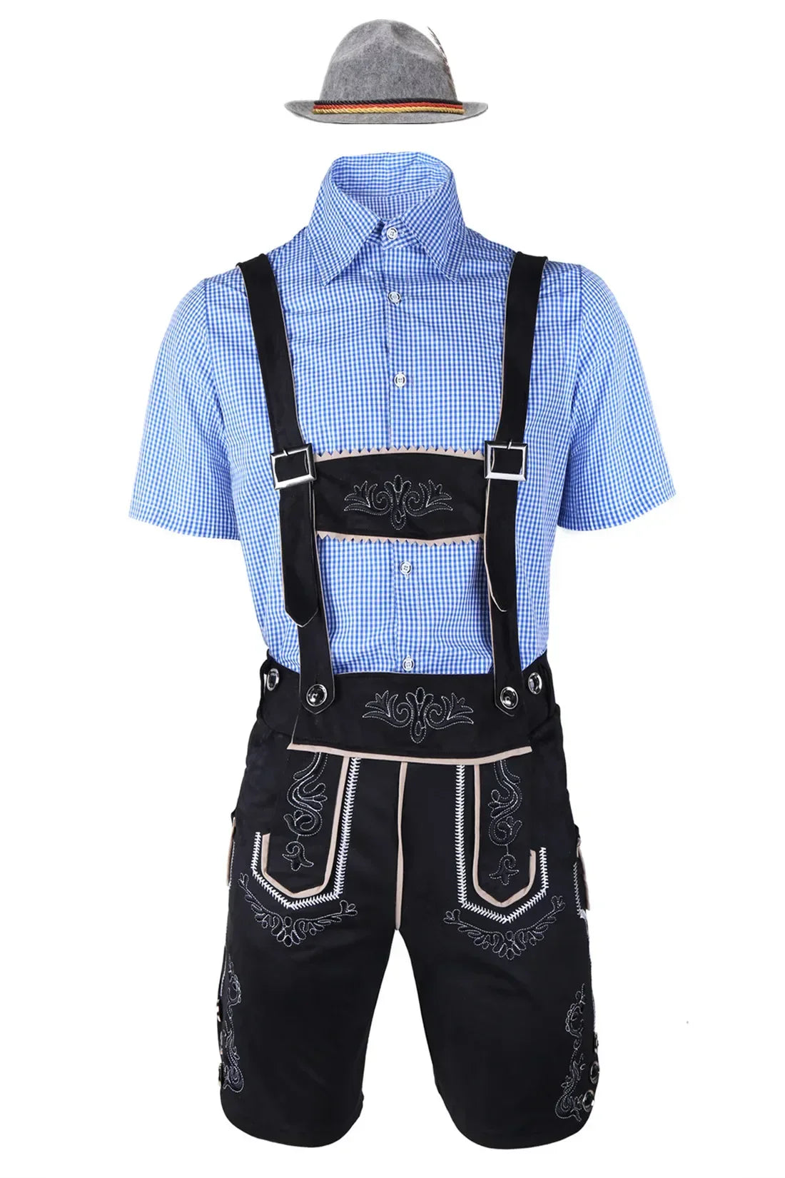 Men's brown suede-like embroidered Lederhosen 3-piece Oktoberfest costume set with shirt and hat