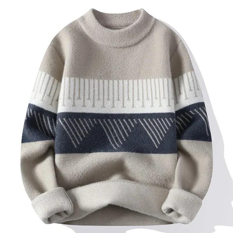 Cream geometric pattern unisex crew neck knit sweater with Nordic-inspired minimalist tonal design