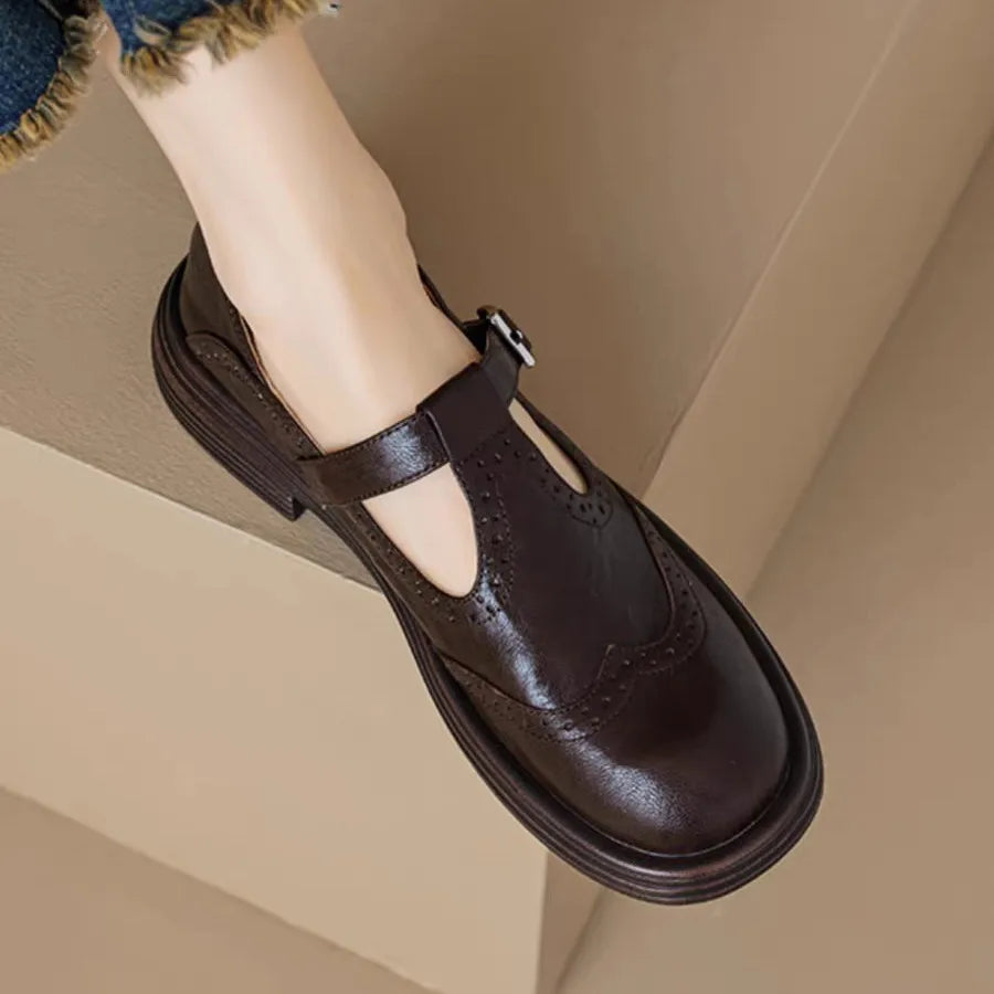 Lily classic women's leather T-strap shoes in neutral tones with vintage-inspired silhouette and elegant ankle strap