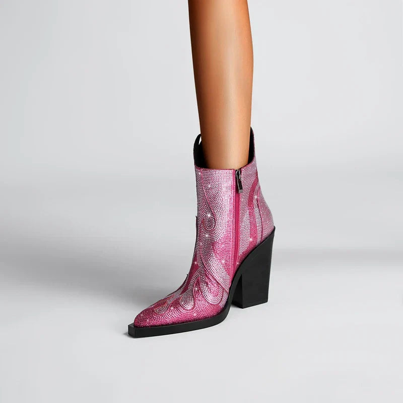 Women's black short boots flame silhouette rhinestone embellishment bold diva style fire-inspired design