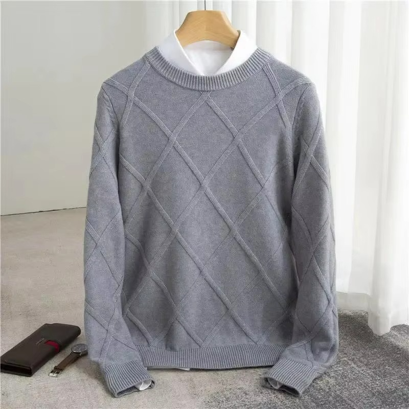 Men's ivory cashmere crewneck sweater, classic fit with diamond-pattern textured knit for refined style