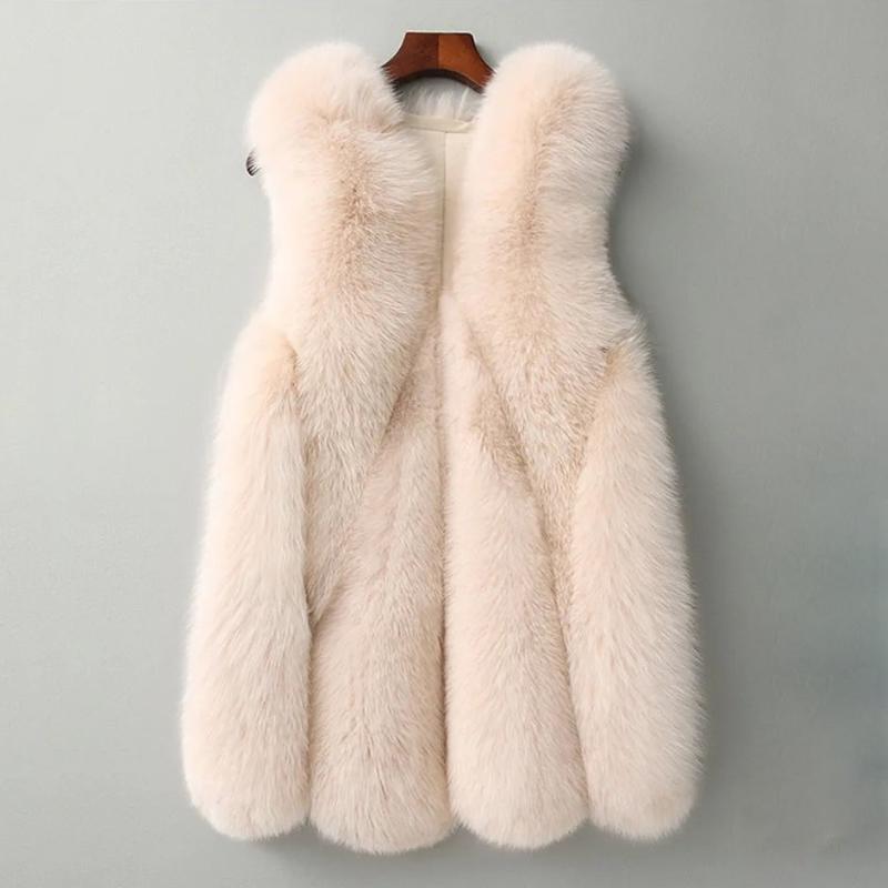Women's relaxed fit thigh-length open-front fur vest, cozy faux fur layering piece for fall winter