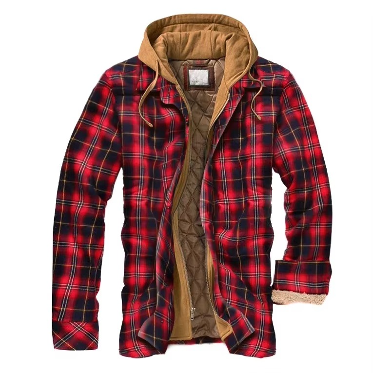 Men's patchwork checkered hooded jacket thick cotton coat American flag design casual fit