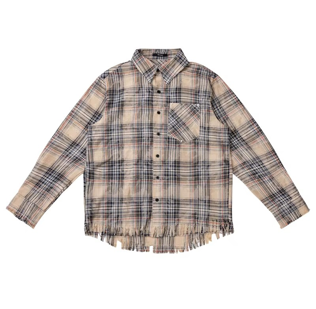 Lightweight plaid shirt with frayed deconstructed hem, streetwear cotton-poly blend casual layer