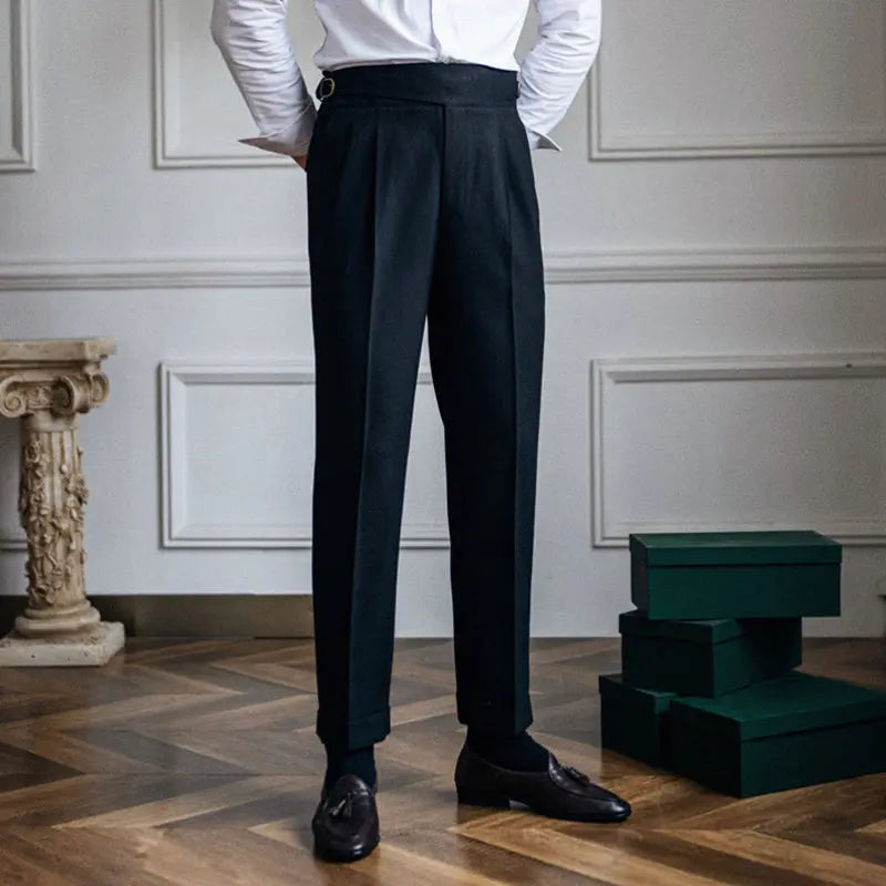 Men's charcoal wool-blend high waist pleated trousers with belted detail, classic Italian cut