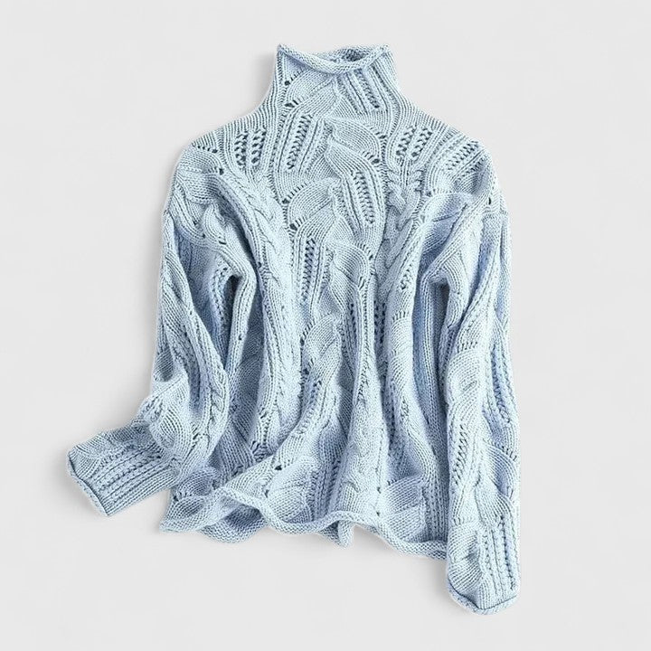 Women's cable knit turtleneck sweater, relaxed fit with intricate openwork detailing for cozy style