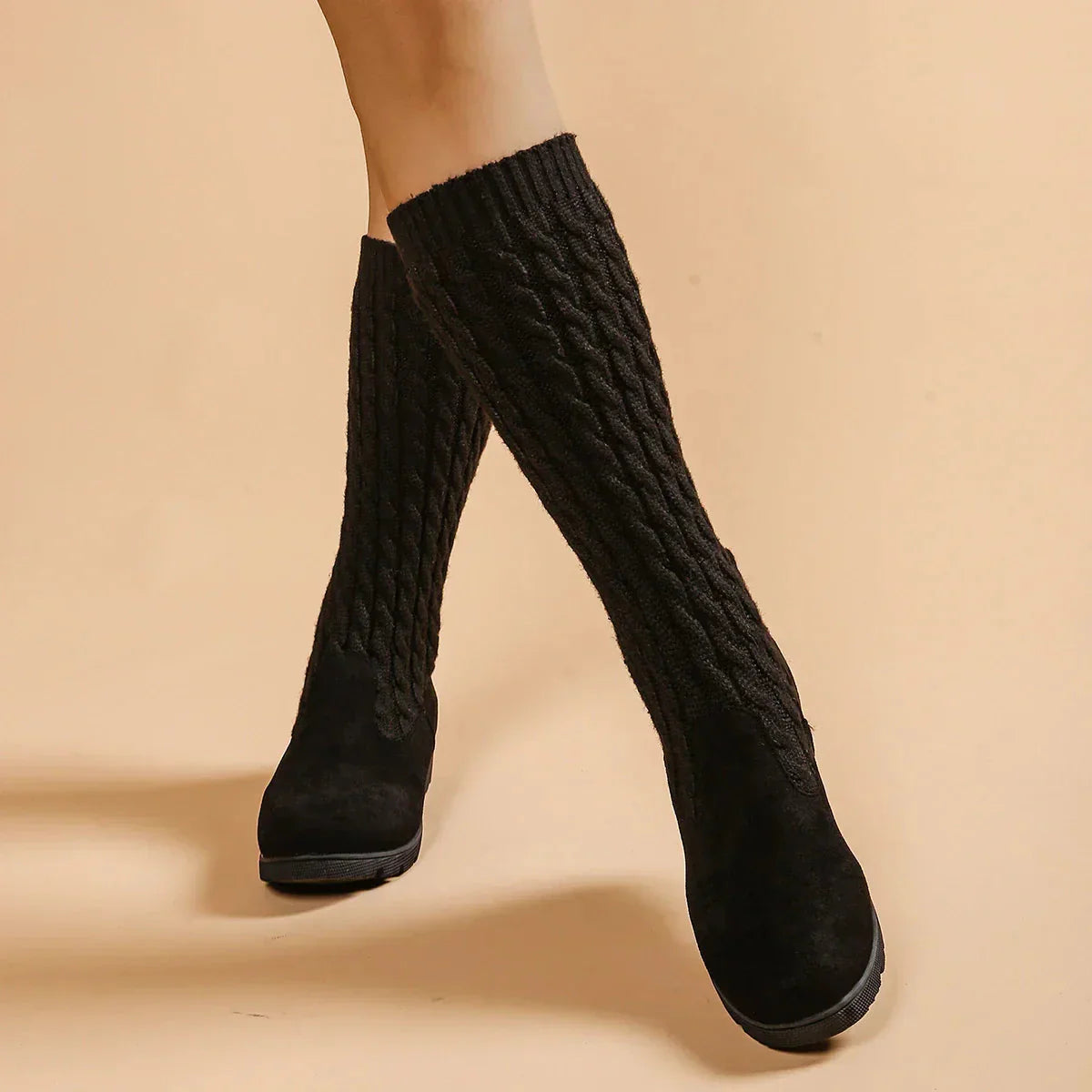 Women's mid-calf cable knit boots in neutral tones, wedge heel, orthopedic support, cozy textured upper