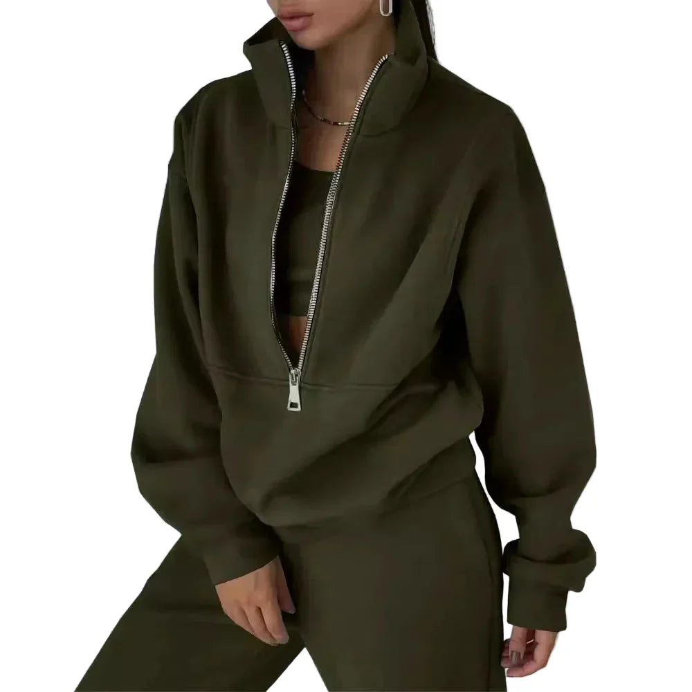 Women's two-piece tracksuit set stand-up collar zip loose fit casual athleisure sporty silhouette