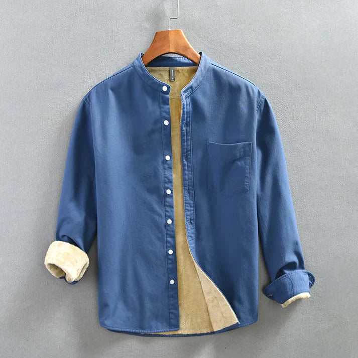 Men's cotton shirt with plush velvet lining, relaxed smart-casual fit, button-front closure