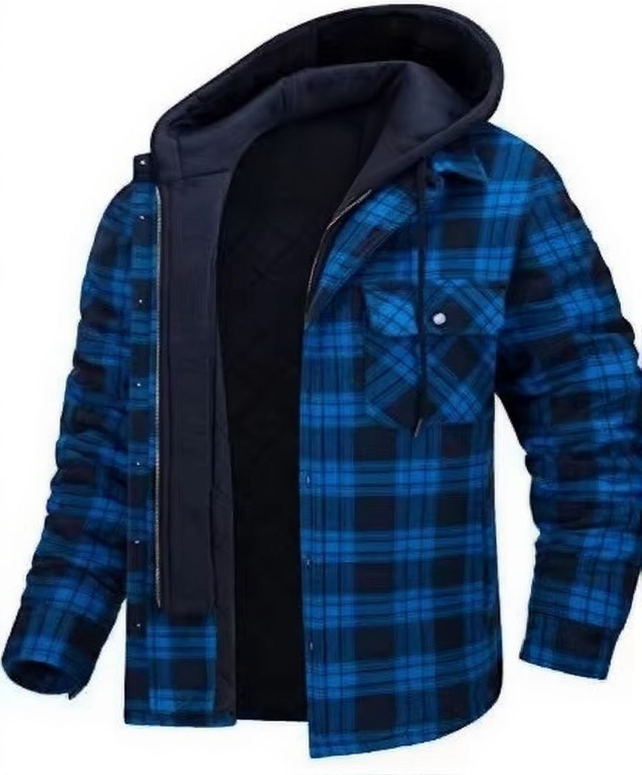 Men's insulated plaid hooded winter jacket thick quilted lining warm outerwear casual street style