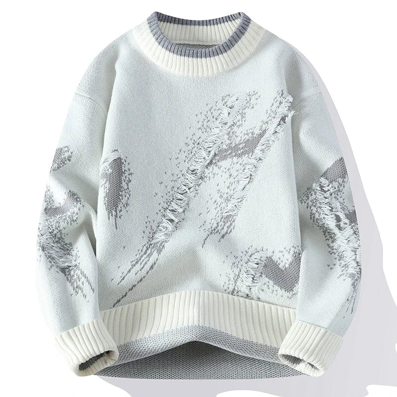 Men's abstract textured knit sweater, relaxed crewneck pullover with raised pattern and ribbed detailing