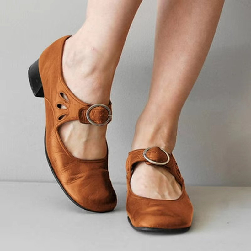 Women's retro low heel dress shoes in classic tone with buckle strap and soft sole comfort