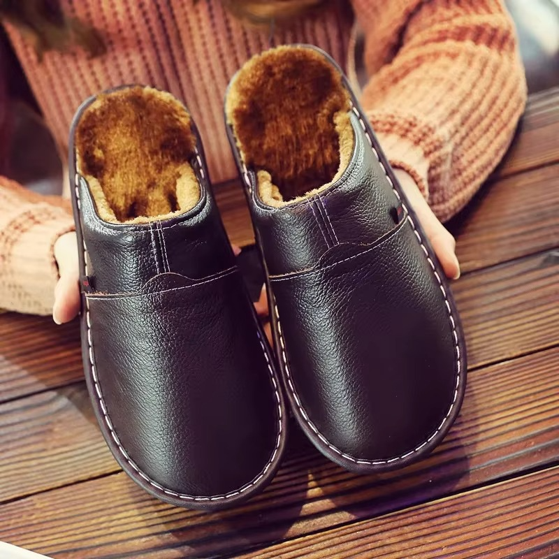 Unisex waterproof leather plush slippers warm beige cozy indoor house shoes plush-lined premium upper