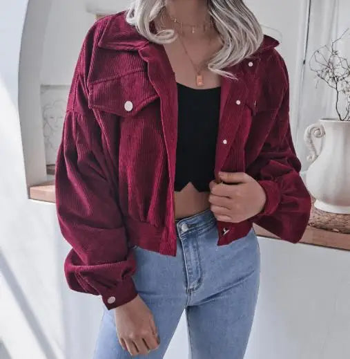 Mila cropped corduroy jacket women soft texture casual lapel button closure urban chic layering