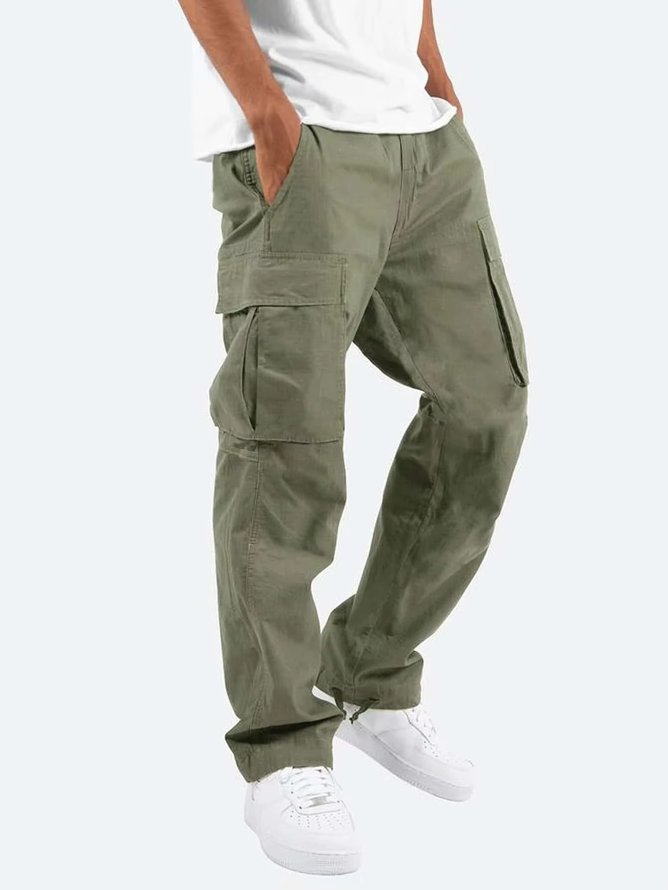 Men's solid cargo pants with adjustable drawstring waist and rugged multi-pocket design for everyday wear