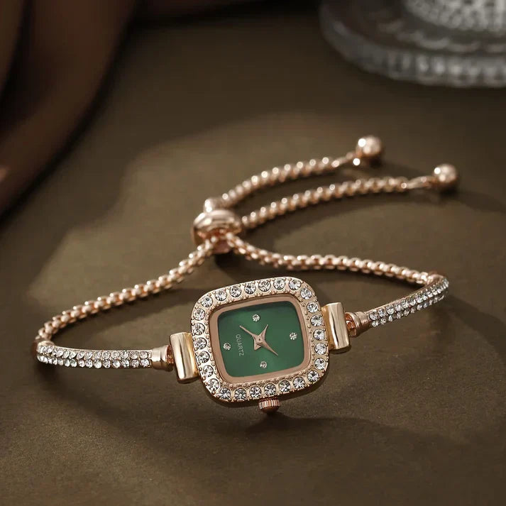 Women's Isla square face wristwatch with rhinestone embellishments and adjustable slider clasp bracelet band