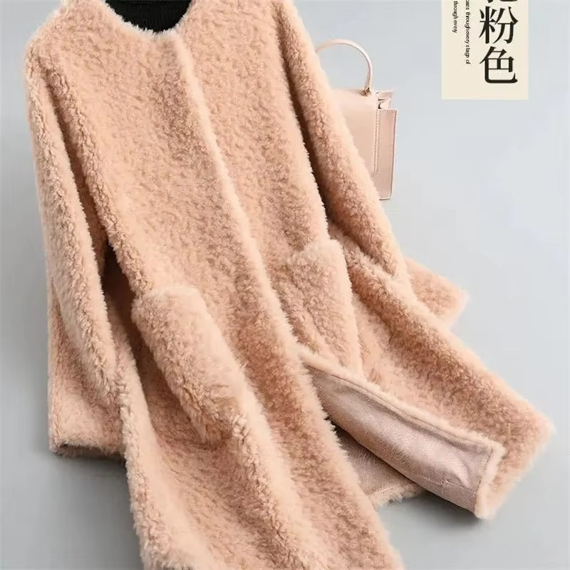 Women's mid-length faux lamb fur coat cardigan in plush texture, open-front silhouette winter outerwear