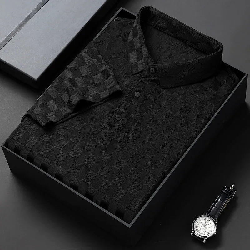 Men's jacquard polo shirt subtle checkered pattern breathable soft-touch fabric classic fit