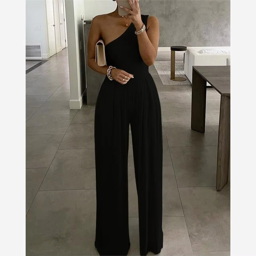 Women's one shoulder wide leg jumpsuit high waist asymmetric silhouette chic casual summer style