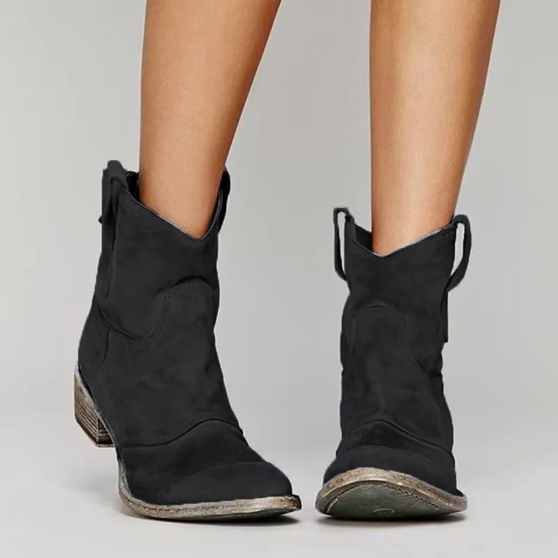 Women's vintage western ankle boots pointed toe low heel slip-on booties with cowboy detailing