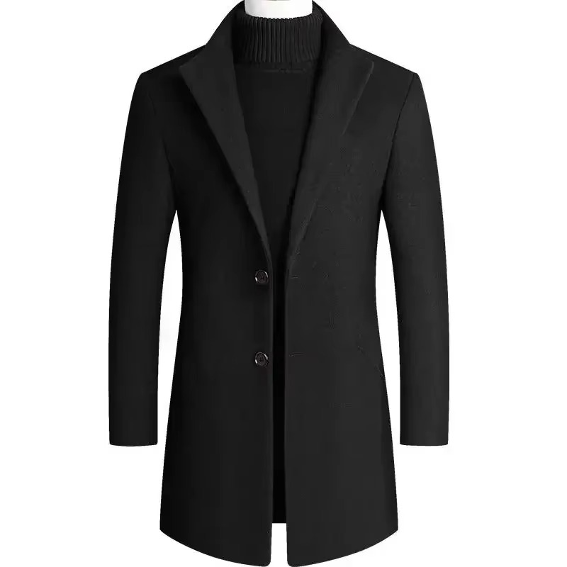 Men's burgundy wool blend trench coat medium-long cut with thickened fabric for winter warmth