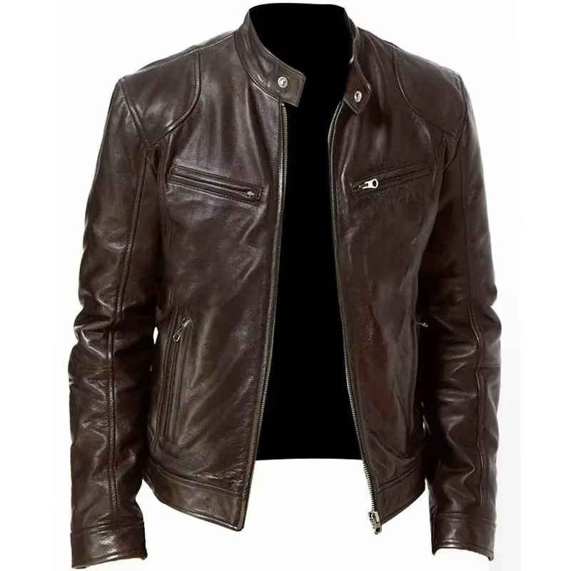 Men's black slim fit PU leather motorcycle jacket with wind-resistant stand collar