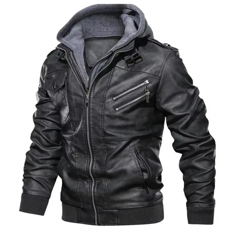 Men's black hooded PU leather biker jacket zip-up streetwear coat with moto-inspired silhouette