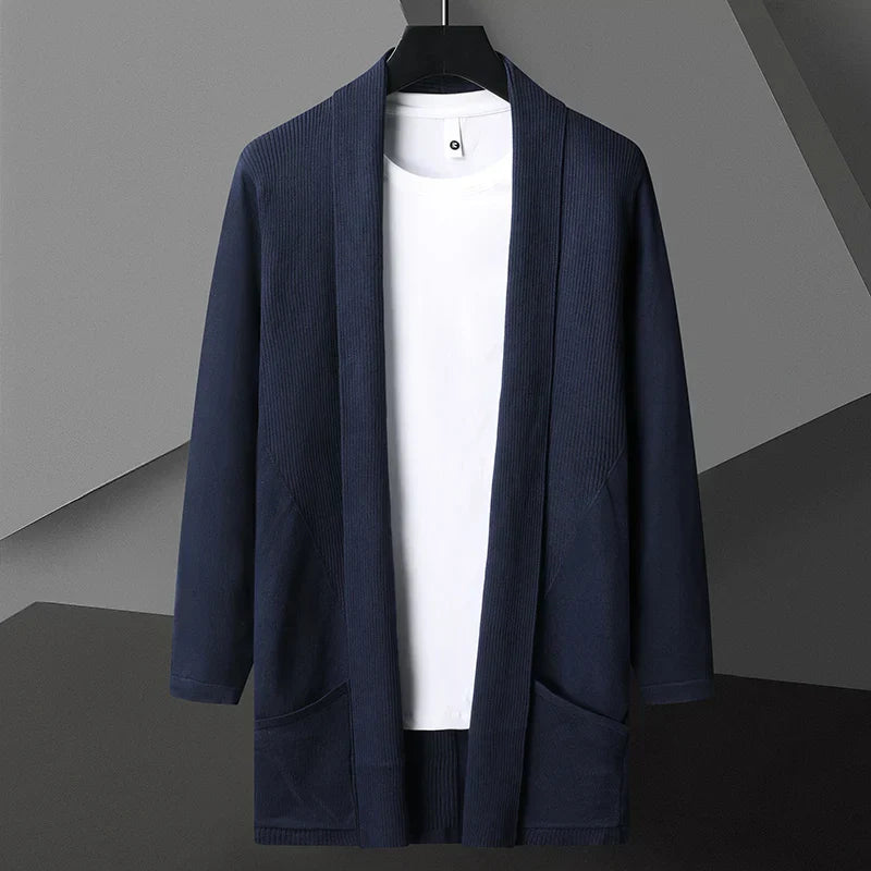 Men's lightweight long drape cardigan open-front breathable cotton-linen blend with hidden pockets