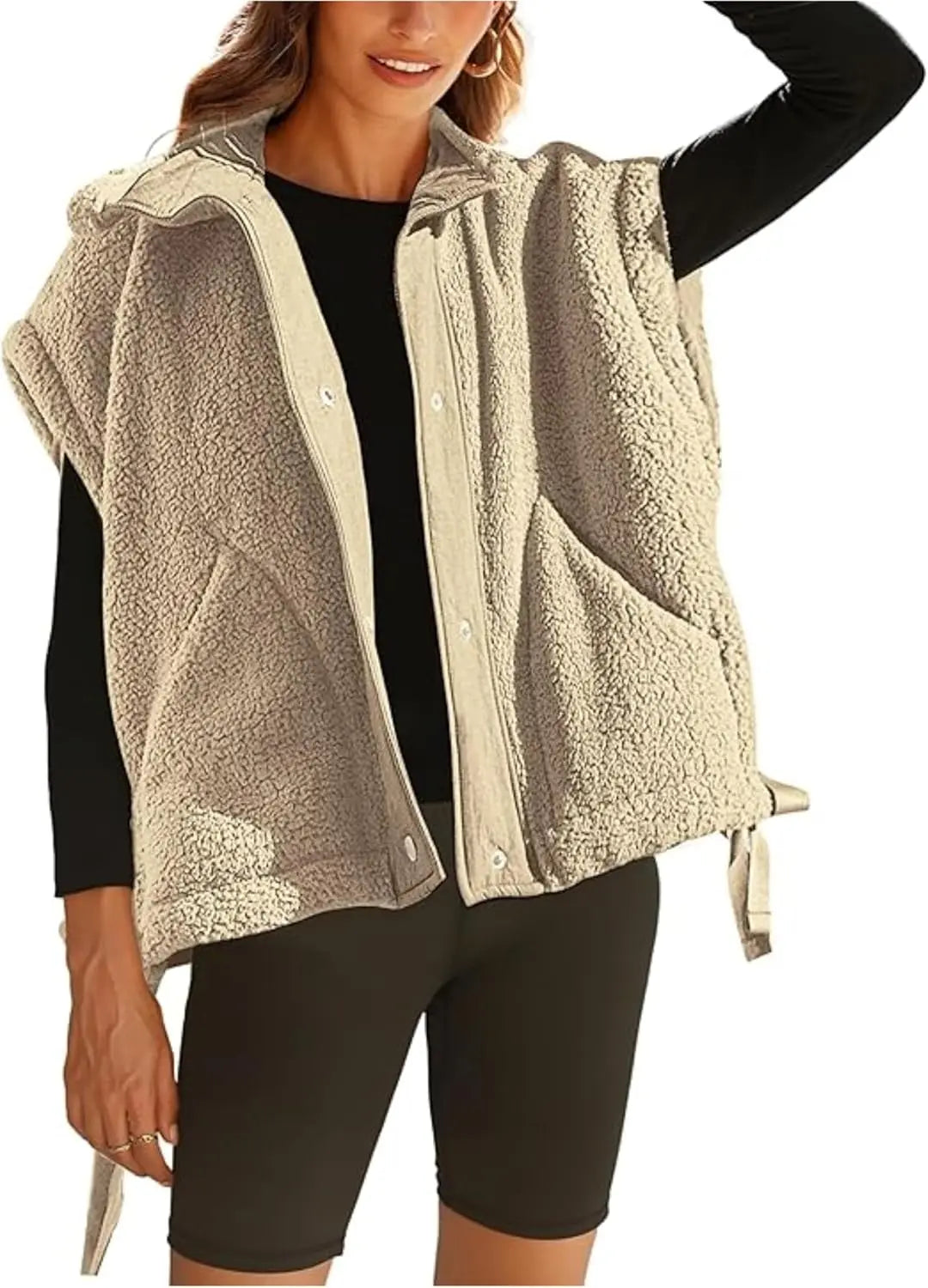 Women's sleeveless sherpa fleece jacket warm cozy faux fleece snap closure layering vest