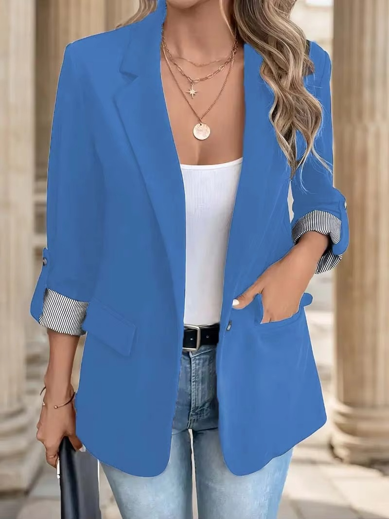 Women slim fit casual blazer with rolled sleeves and button front, polished office everyday style