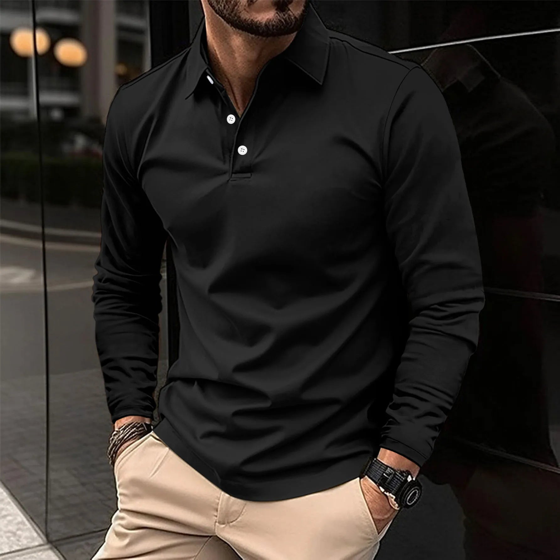 Navy blue tailored men's long sleeve polo shirt slim fit classic collar three-button placket