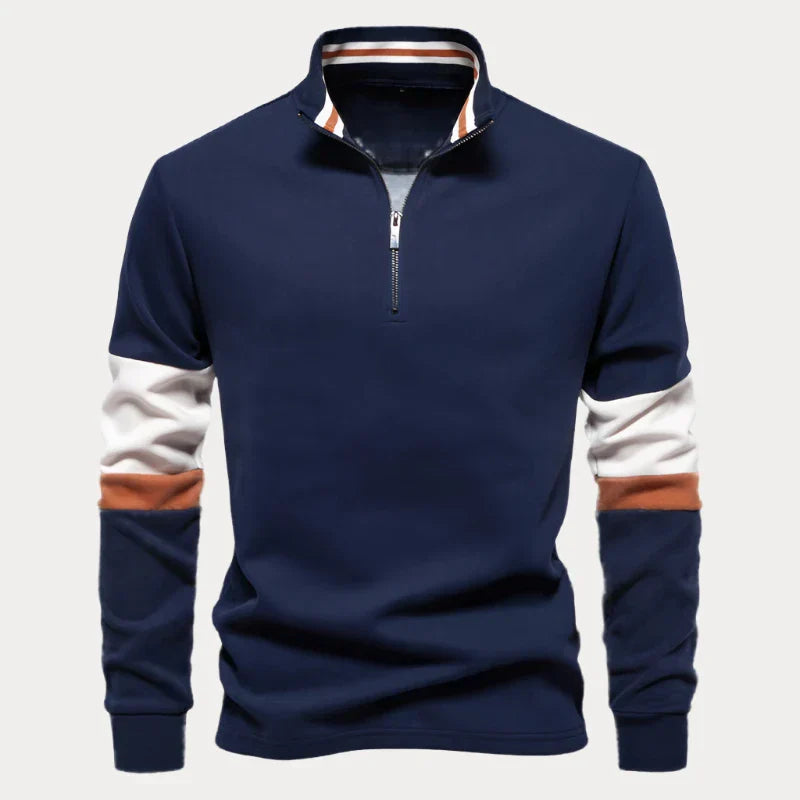 Men's navy blue half-zip sweater with stand-up collar and bold striped sleeves for city style