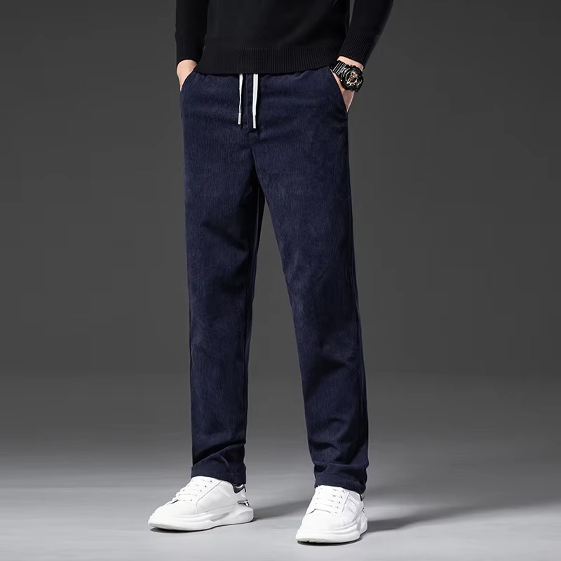 Men's corduroy straight-leg pants with elastic waist, relaxed tailored fit for work and casual wear