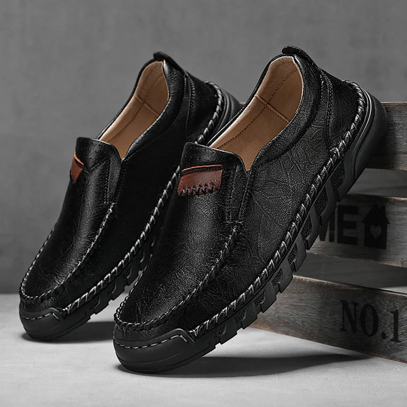 Brown leather moccasins outdoor style custom fit patina aging rugged sole adventure-ready footwear
