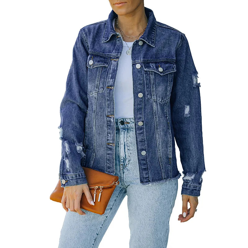 Women's blue distressed denim jacket frayed hem 100% cotton modern edgy style
