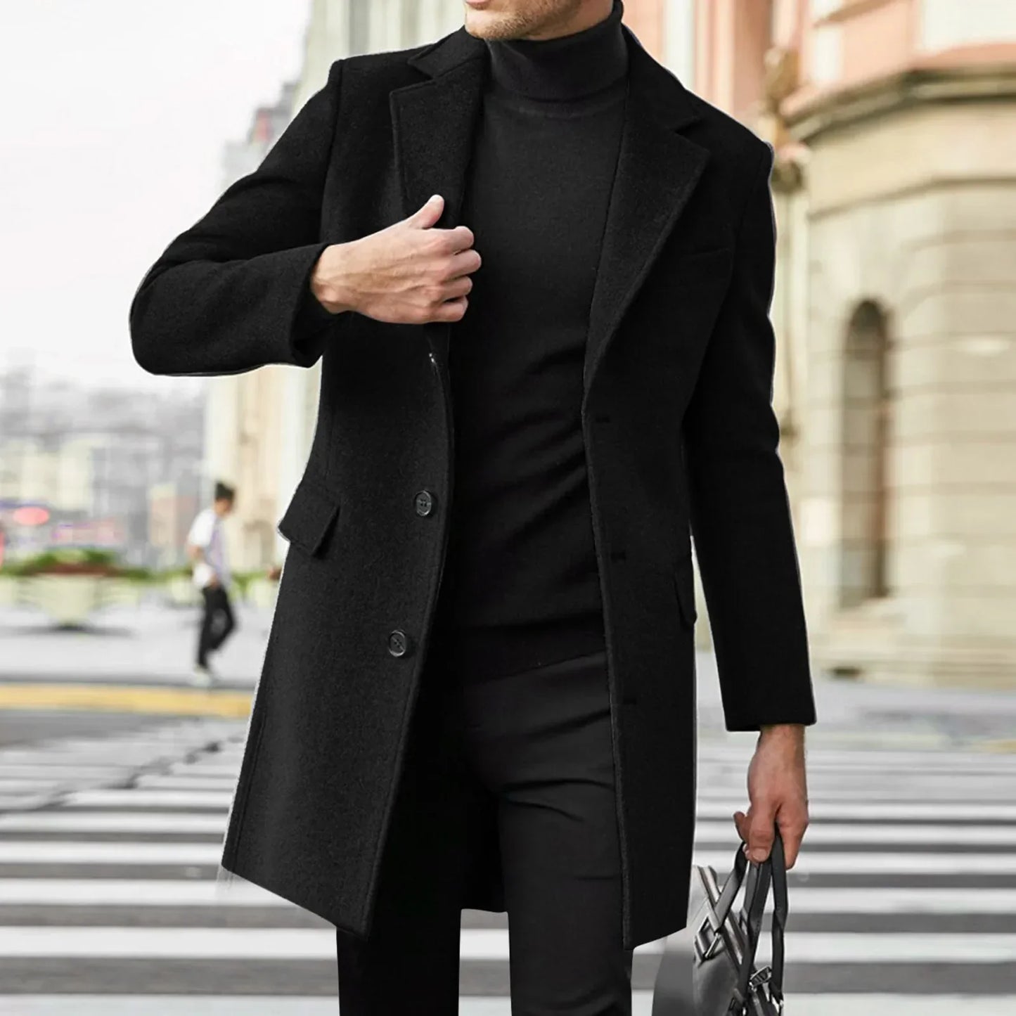 Men's gray wool coat tailored slim fit classic notched lapel hidden button closure outerwear