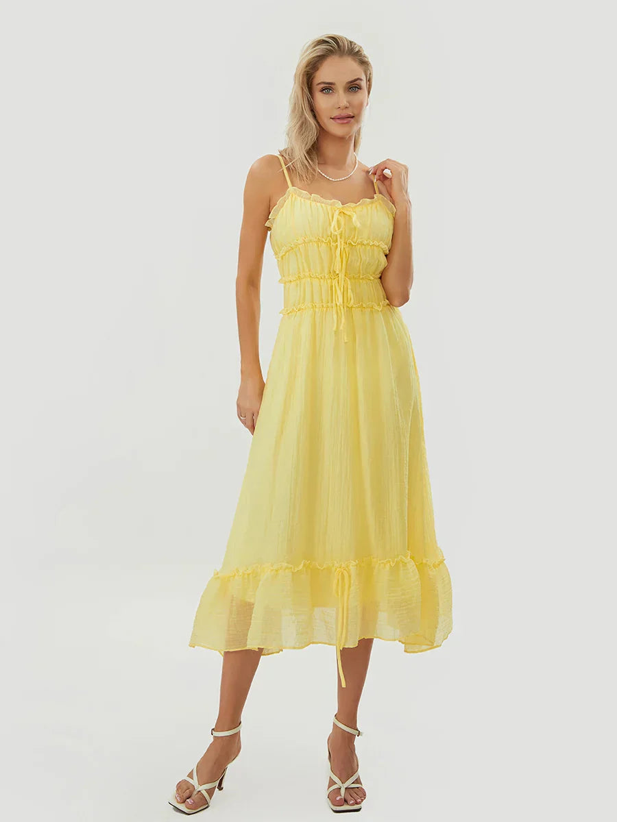 Clementine white midi dress lace-up bodice with airy frill trim details effortless feminine style