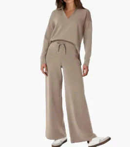 Women's wide leg lounge set V-neck top collar detail drawstring pants travel comfort everyday wear