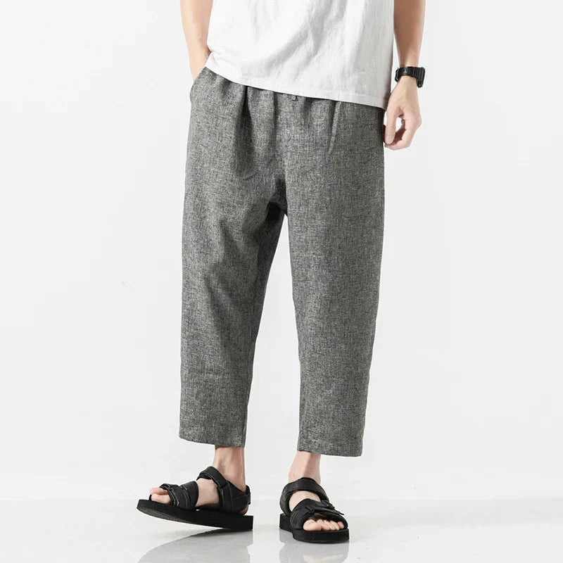 Beige linen blend loose fit pants with elastic waist for breathable everyday comfort