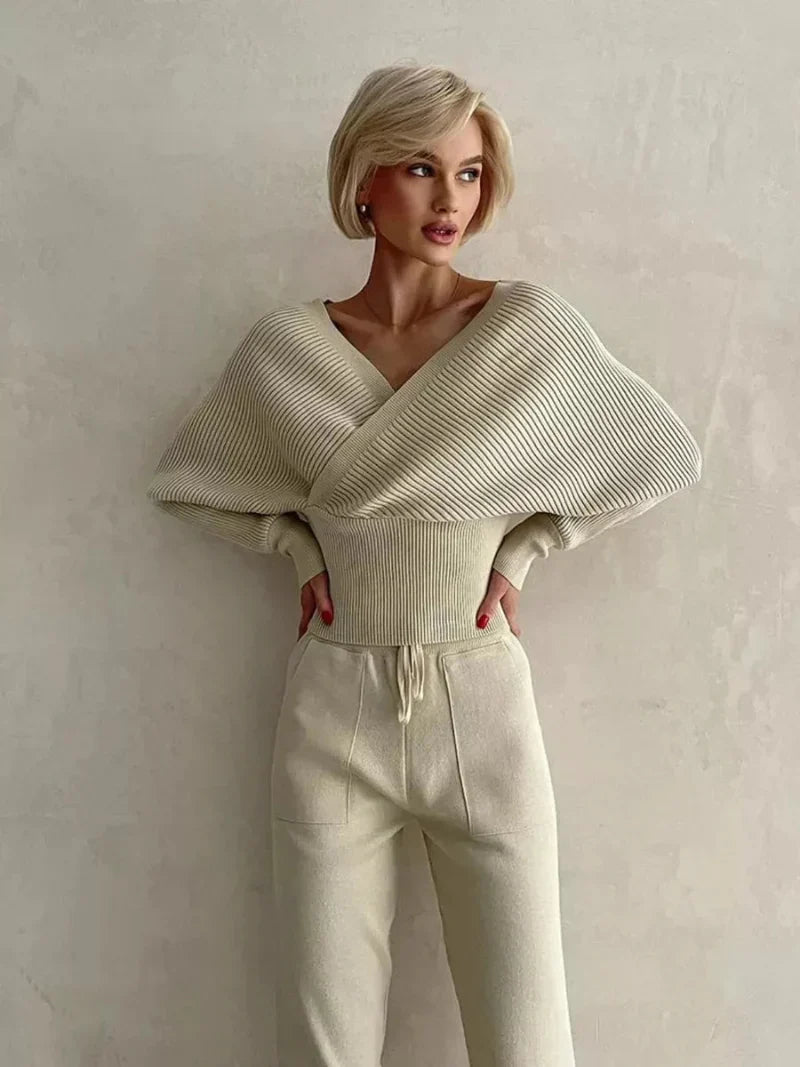 Women's beige relaxed-fit V-neck pullover sweater premium cotton-polyester knit fall essential