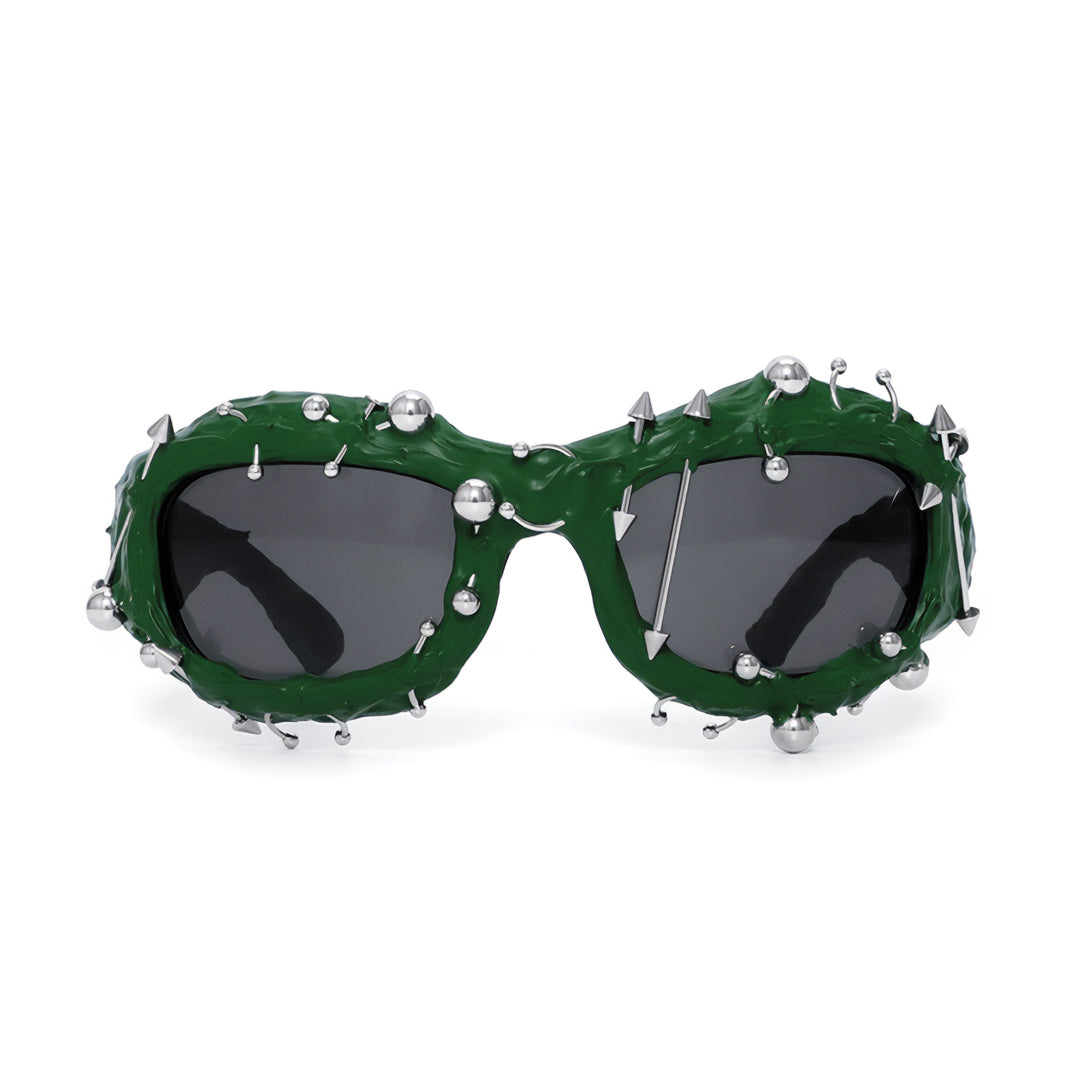 Handcrafted iron pierced sunglasses with metal rivets, bold gothic punk style statement accessory