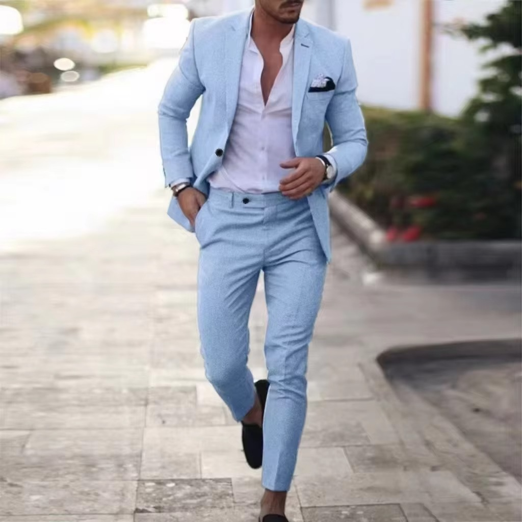 Men's beige linen two-piece blazer and pants suit set, tailored slim fit for summer weddings
