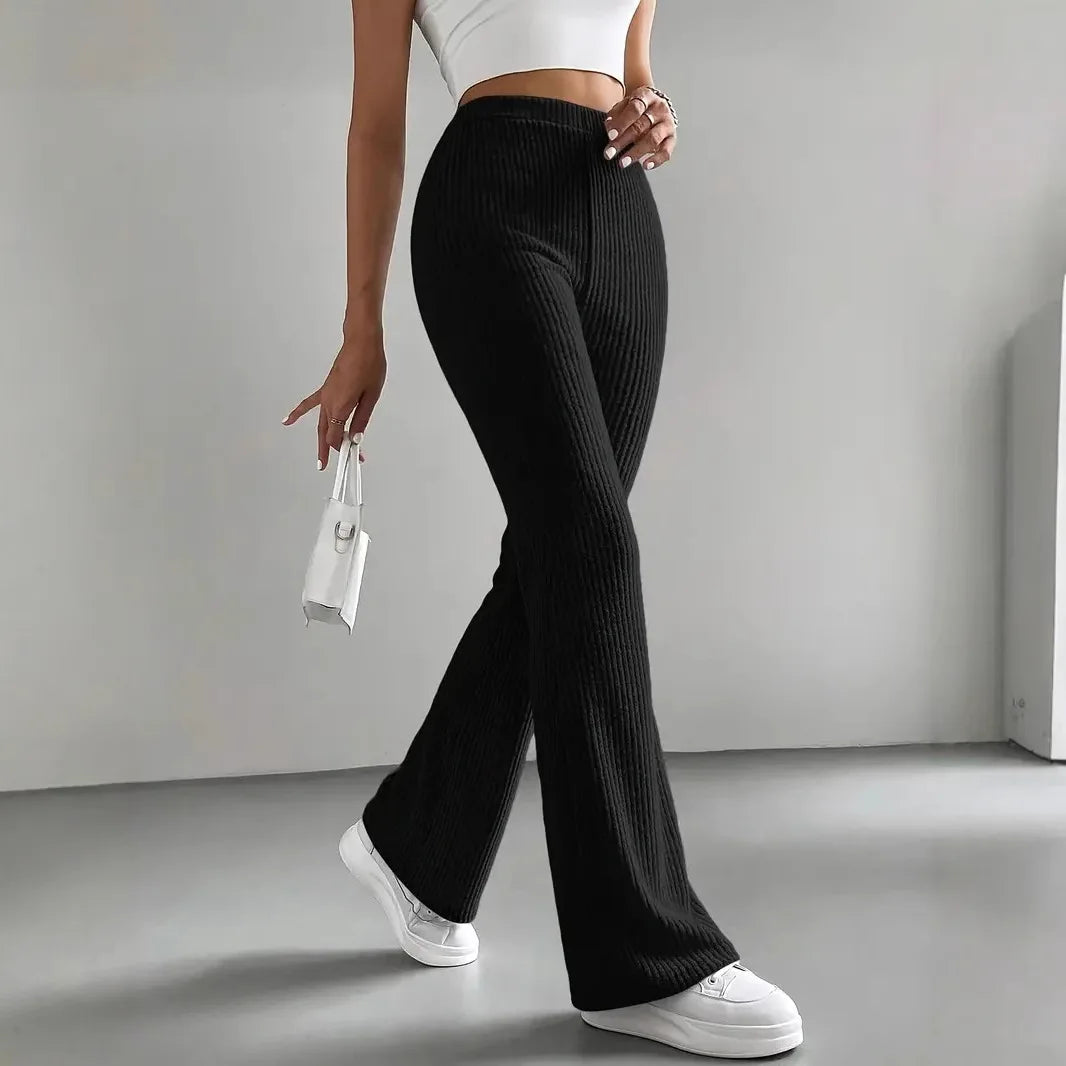 Women's ribbed knit flare pants slim fit elastic waist everyday elegance